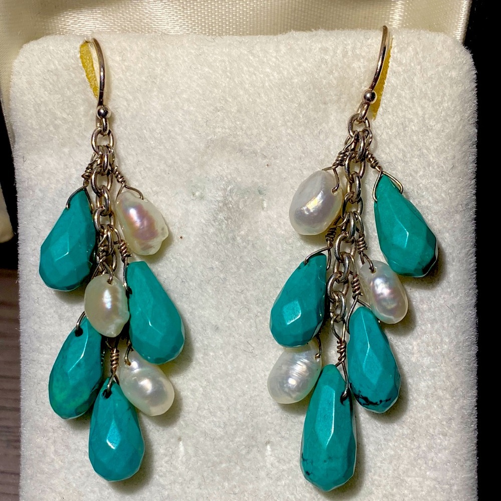 Turquoise and Freshwater Pearls Cluster Earrings